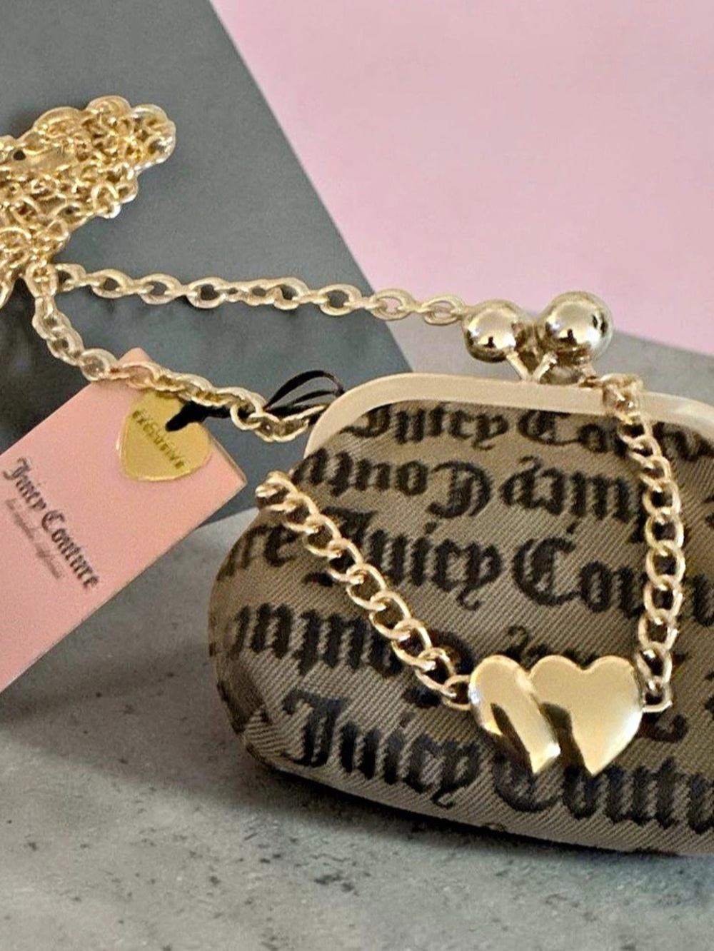 Juicy Couture The Glam Kisslock Coin Purse Mini Bag  Taupe & Dark Brown